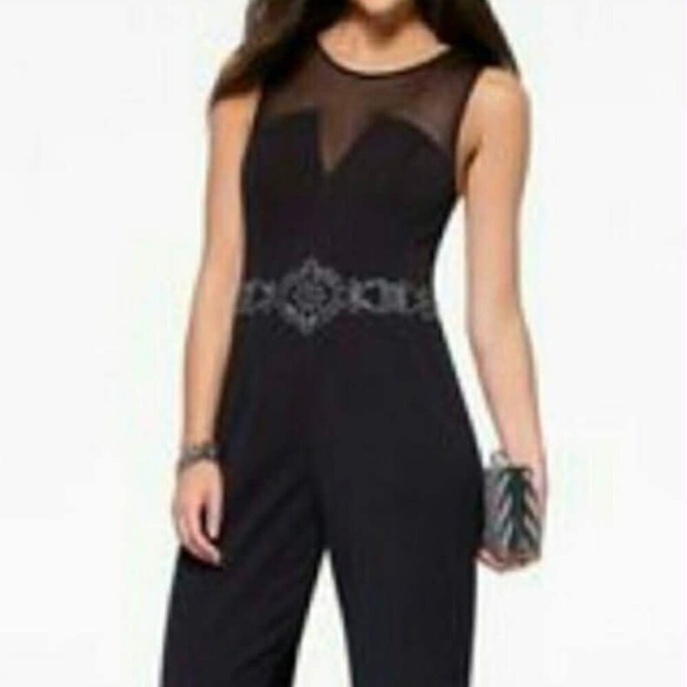 Cache Black Sleeveless Jumpsuit Sheer Neckline and a Rhinestone Belt size 4